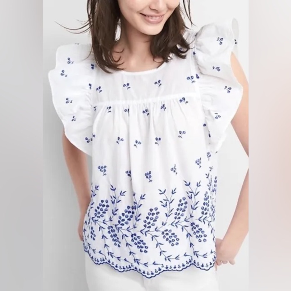GAP White Top with Blue Floral Eyelet Embroidery